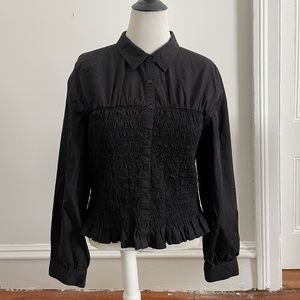 Gap Black Smocked Button Down Peplum Top XL